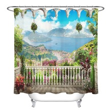 Tecido impermeável para decoração de banheira, varanda com vistas das montanhas e mar, cortina de flores do arco de lupinha, banheiro 2024 - compre barato