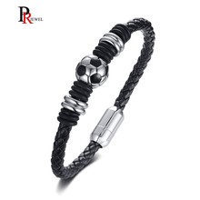 Pulseira masculina de futebol, bracelete preto trançado de couro genuíno com pulseira de 8.07" 2024 - compre barato