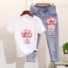 Amolapha Women Sequined Perfume Bottles Pattern 3D Flower Short Sleeve T-shirt + Mid Calf Jeans 2 PCS Clothing Sets Suit 2024 - buy cheap