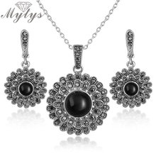Mytys Black Color Zircon Round Pendant Necklace Earrings Sunflower Shape Punk Jewelry Sets N1334 2024 - buy cheap