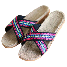 Sandalias de lino de Interior para mujer, zapatillas de playa cruzadas bordadas al aire libre, chanclas de Casa de EVA, de verano 2024 - compra barato