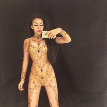 Women Sexy Stage Costumes For Singer Gold Queen Sparkling Crystals Stones Jumpsuit Christmas Celebrate Nightclub Stage Bodysuit 2024 - buy cheap