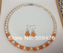 Juego de pendientes y collar de piedra de jade naranja, perlas cultivadas blancas Akoya de 7-8MM, venta al por mayor 2024 - compra barato