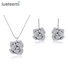 LUOTEEMI Gift Romantic Rose Flower Earrings and Pendant Neckalce AAA+ Clear CZ Micro Paved Jewelry Sets For Women Bijoux 2024 - buy cheap