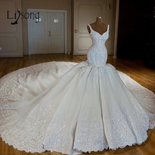 Luxury Abiye Mermaid Wedding Dresses Lace Bridal Gowns With Long Watteau Train Beaded Crystal Dubai Wedding Dress Casamento 2024 - buy cheap