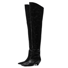 Botas altas hasta el muslo de cuero con estampado de piedra brillante para mujer, Botas Largas hasta la rodilla, tacones medios con punta estrecha 2024 - compra barato