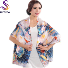 BYSIFA-bufanda de seda azul de loto para mujer, chal de seda con estampado de marca, elegante, 100%, pañuelos largos de seda 2024 - compra barato