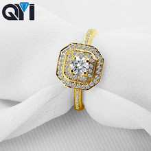 QYI 14K oro amarillo sólido halo doble anillos mujeres joyería corte redondo Sona simulado Anillo de compromiso de diamante para la boda 2024 - compra barato