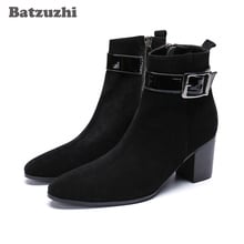 Batzuzhi botas masculinas tipo coreano, bico ponteiro camurça preta, botas masculinas de festa de cavaleiro, bota masculina, tamanhos grandes 2024 - compre barato