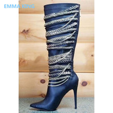 Новый дизайн; Сапоги до колена с цепочкой; Пикантная обувь для вечеринок с острым носком; Женские зимние высокие сапоги из искусственной кожи на высоком каблуке-шпильке синего цвета 2024 - купить недорого