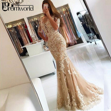 Champagne Evening Dresses 2022 Half Sleeves Tulle Appliques Lace Backless Long Evening Gown Mermaid Prom Dresses Robe De Soiree 2024 - buy cheap
