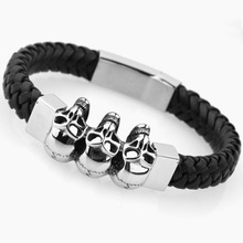 New Three Skeleton Skull Head Stainless Steel Silver Color Magnetic Clasp Black Braided Leather Chain Men's Bracelet 8.86"*11mm 2024 - buy cheap