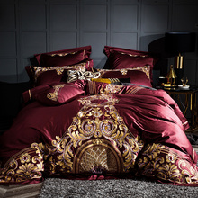 Juego de cama de algodón egipcio con bordado real, funda nórdica de lujo, Sábana de cama/fundas de almohada de lino, color rojo vino, 100S/1000TC 2024 - compra barato