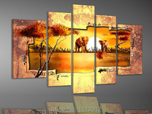 Hot Sale Modern Yellow Tree Elephant Oil Painting On Canvas Abstract 5 Panel Arts Set Home Decor Wall Picture For Living Room 2024 - buy cheap