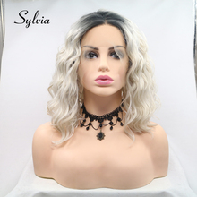 Sylvia Platinum Blonde Ombre Short Bouncy Curly Synthetic Lace Front Wigs with Dark Roots Middle Part Heat Resistant Fiber Hair 2024 - buy cheap