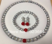 Горячая продажа! 8 мм Серый акойя культивированный жемчуг/красный браслет ожерелье серьги набор 2024 - купить недорого