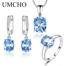 UMCHO Sky Blue Topaz Gemstone Wedding Jewelry Sets for Women 925 Sterling Silver Engagement Rings Necklace Pendant Clip Earrings 2024 - buy cheap