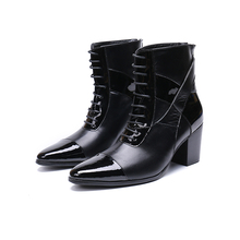 Genuine Leather high heel zip lace-up lankle boots fashion black Glossy oxford pointed toe Martin boots big size 46 2024 - buy cheap