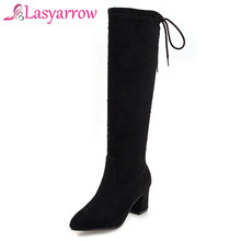 Lasyarrow Knee High Boots Chunky High Heels Pointed Toe Knight Boots Lace Up Ladies Footwear Sexy Slim Stretch Botas Mujer F460 2024 - buy cheap