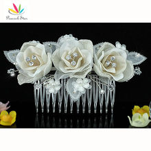 Bridesmaid Bridal Wedding Party Handmade Ivory Fabric 3D Rose Crystal Hair Comb CT1485 2024 - buy cheap