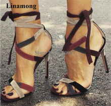 Newest Women Fashion Open Toe Suede Patchwork Thin Heel Gladiator Sandals Cut -out Strap Cross Colorized High Heel Sandals 2024 - buy cheap