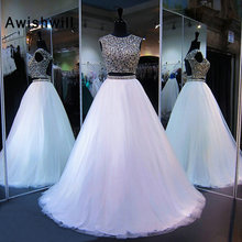 White Long Sparkly Prom Evening Dresses Open Back Heavy Beaded Crystals Top Floor Length Tulle African Prom Dress Two Piece 2024 - buy cheap