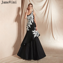 JaneVini New Arrival One Shoulder Black Long Evening Dresses 2019 Sexy Mermaid White Appliques Lace Plus Size Formal Party Gowns 2024 - buy cheap