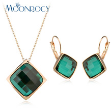 MOONROCY Free Shipping Square Shape Necklace and Earrings Rose Gold Color Austrian Blue Crystal Jewelry Set for Women Gift 2024 - buy cheap