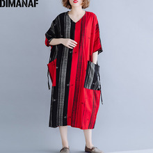 Dimanaf oversize vestido feminino do vintage tamanho grande feminino senhora vestidos de algodão casual preto listrado emendado verão solto vestido 2019 2024 - compre barato