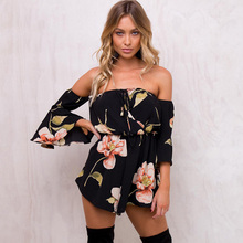 Mono corto de Gasa de cintura elástica con estampado Floral para mujer, blusa Sexy con manga acampanada, pelele sin tirantes 2024 - compra barato