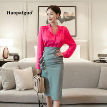 2 Piece Set Plus Size Autumn Women Pink Long Sleeve Turn-down Collar Elegant Office Shirt Top and Knee-length Wrap Work Skirt 2024 - buy cheap