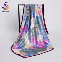 [Bysifa] nova primavera lenço de seda xale moda accessorries muçulmano feminino lenço de cabeça 90*90cm folhas elegantes padrão lenços quadrados 2024 - compre barato
