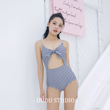 2018 Sexy One Piece Swimsuit Bow Plaid Swimwear Women Hollow Bodysuit Bathing Suit Vintage Beach Wear Cut Out Monokini Swimsuit 2024 - buy cheap