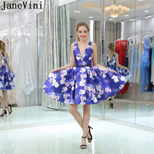 JaneVini A Line Short Homecoming ddenses 2019 azul con cuentas Floral vestidos de graduación cuello en V vestido Formal bata sexy bleu marino 2024 - compra barato