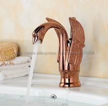 Rose Gold Color Brass Bathroom Faucet Double Cross Handles Swan Faucet Deck Mounted Sink Mixer Tap Ngf050 2024 - buy cheap