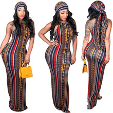 Vintage Striped Printed Bandage Bodycon Dress High Stretch Sexy Sleeveless Casual Vacation Party Long Maxi Dress With Head Scarf 2024 - buy cheap