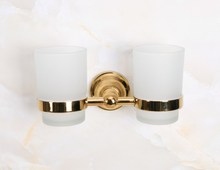 Luxury Polished Gold Color Brass Wall Mounted Double Tumbler Holder Frosted glass cup Toothbrush Cup Bathroom Accessory aba884 2024 - buy cheap