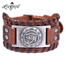 LIKGREAT Vintage Wide Leather Bracelets for Men Handmade Braided Metal Eye of Horus Charm Viking Bracelet Adjustable Strap 2024 - buy cheap