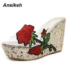 Aneikeh 2022 Sexy Woman Platform Wedges Heels Peep Toe PVC Flower Slippers Supper High Heel Summer Outdoors Women Slides Shoes 2024 - buy cheap