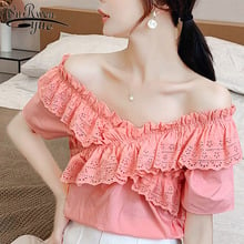 Blusa feminina de chiffon para verão, camisa de estilo doce em cor sólida emendada com pescoço slash, manga curta, rosa, roupas femininas 2021 50, 5156 2024 - compre barato
