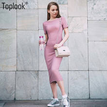 Toplook розовый жаккард Элегантное Платье облегающее короткий рукав 2018 летнее платье Для женщин по колено халат с круглым вырезом Фитнес длинные платья 2024 - купить недорого
