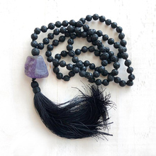 8mm Black Lava Stone Mala Necklace Handmade Black Tassel Necklace 108 Beads Hand Knotted Necklaces Raw A-methyst Charm Jewelry 2024 - buy cheap