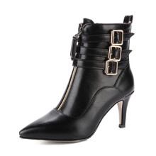 PXELENA-Botines de talla grande 34-43 para mujer, botas cortas finas de tacón alto con hebilla frontal y cremallera, para vestido de fiesta y oficina 2024 - compra barato