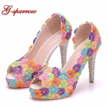 Zapatos de tacón alto con punta abierta para mujer, sandalias con recortes y flores de encaje Multicolor, hechos a mano, para fiesta y graduación 2024 - compra barato