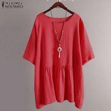 2019 Plus Size ZANZEA Summer Women O Neck Short  Sleeve Loose Blouse Casual Solid Pleated Party Baggy Shirt Tops Blusas 2024 - buy cheap