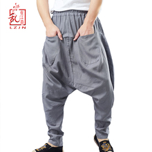 LZJN-pantalones bombachos de lino para hombre, pantalón informal holgado con Bolsillos y cintura elástica, ropa de calle Hip-hop, 2019 2024 - compra barato