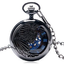 New Trendy Cool Black Peacock Hollow Case Blue Roman Number Skeleton Dial Steampunk Mechanical Pocket Watch Gift for Men Women 2024 - buy cheap