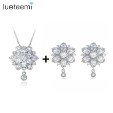 LUOTEEMI Luxury Fashion Clear CZ Crystal Wedding Party Flower Pendant Necklace Earring Set for Women Princess Jewelry Set Girls 2024 - buy cheap