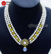 Qingmos Jades amarillos y 6-7mm collar de perlas naturales de 3 hebras redondas blancas para mujer, collar con colgante de ópalo, gargantillas para mujer de 18" 2024 - compra barato