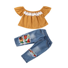 Conjunto de calça jeans padrão infantil 1-5 anos com estampa floral, roupas 2 peças, para crianças e bebês meninas 2024 - compre barato